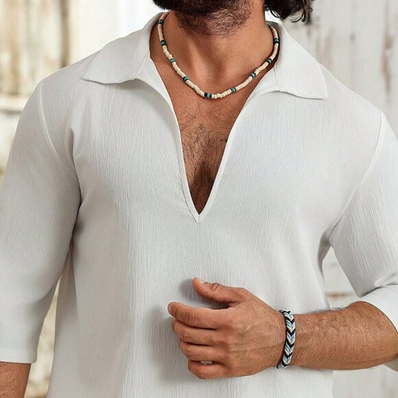 White Casual Men's Deep V-Neck Polo Shirt And Pants Set - Picture 5 of 6